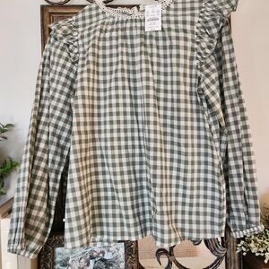 J Crew Ruffle Gingham Blouse Size XS NWT